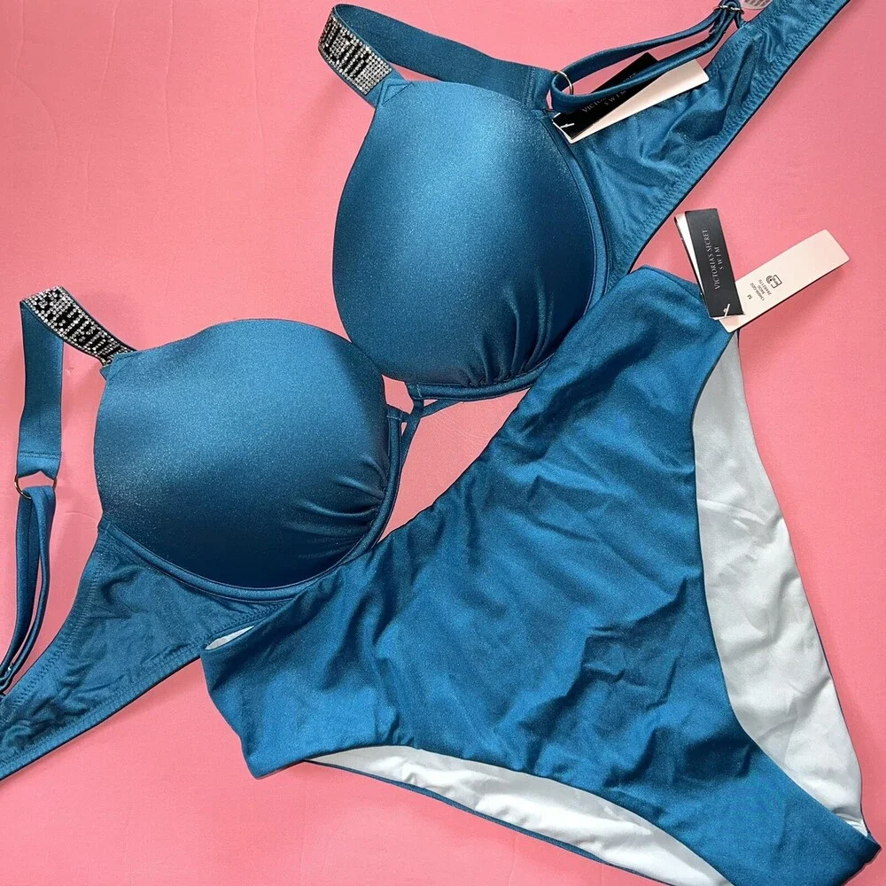 NWT Victoria's Secret 32A,32B,34A,34B,36C,38C BOMBSHELL BIKINI BLUE shine strap